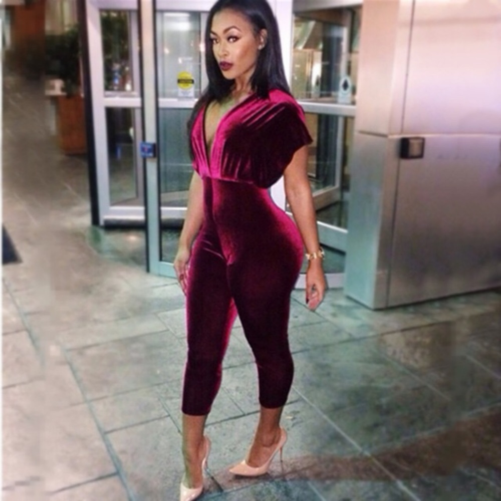 V-Neck Velvet Jumpsuit
